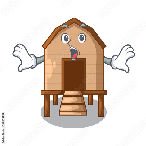 Surprised chicken in a on charater coop