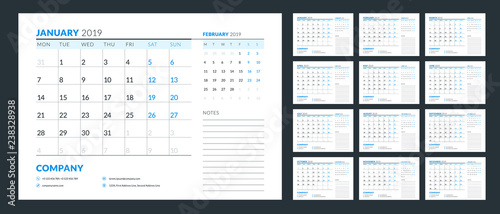 Calendar planner for 2019 year. Week starts on Monday. Set of 12 months. Printable vector stationery design template