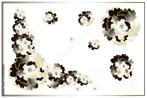 Vector set of Isolated different size gradient black and white pearl flowers, corner floral layout and rectangular frame. Elements for design, cover page, banner, poster, wedding invitation, packaging