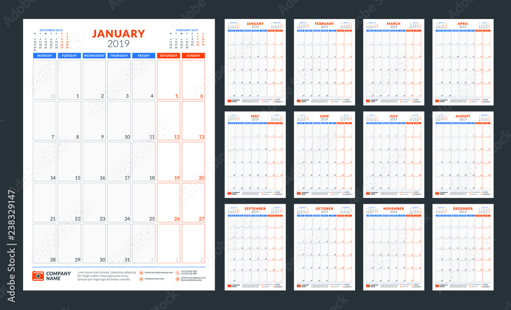 Wall calendar planner template for 2019 year. Week starts on Monday. Vector illustration