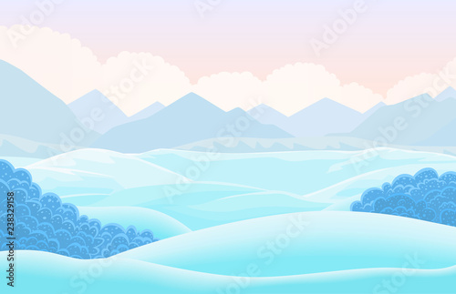 Vector winter horizontal landscape with snow capped valley. Cartoon illustration © 0mela