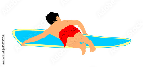 Little boy surfer with surf board learning surfing, vector illustration. Summer time enjoy sunbathing. Kid outdoor play by sea.