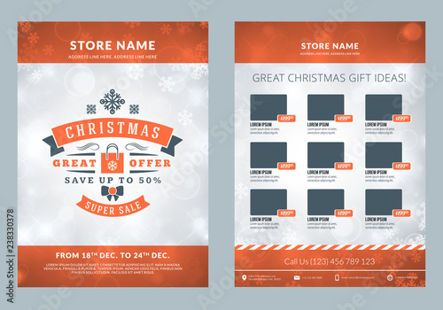 Christmas sale catalog design. Business flyer template. Vintage badge with winter background