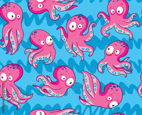 Seamless pattern with pink cartoon octopuses on a blue background. Vector illustration for children.
