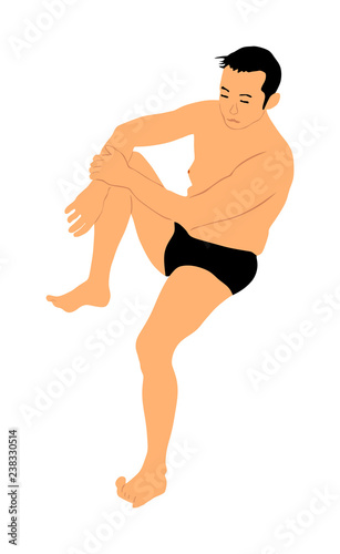 Young handsome man sunbathing by the sea, vector illustration. Boy spend summertime enjoying in swimming and resting on beach. 