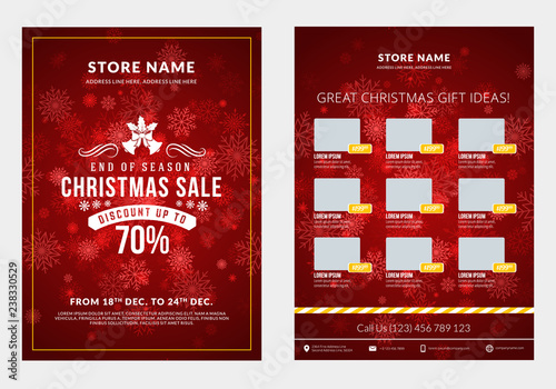 Christmas sale catalog design. Business flyer template. Vintage badge with winter background