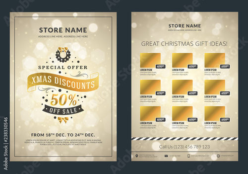 Christmas sale catalog design. Business flyer template. Vintage badge with winter background