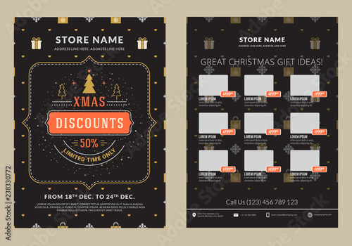 Christmas sale catalog design. Business flyer template. Vintage badge with winter background