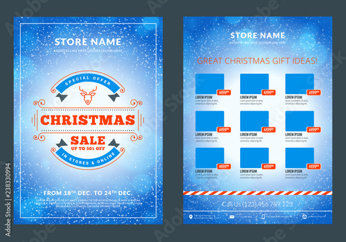 Christmas sale catalog design. Business flyer template. Vintage badge with winter background