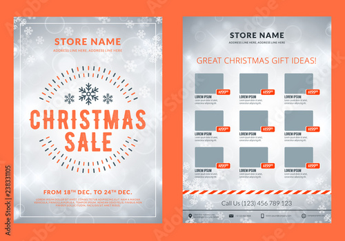 Christmas sale catalog design. Business flyer template. Vintage badge with winter background