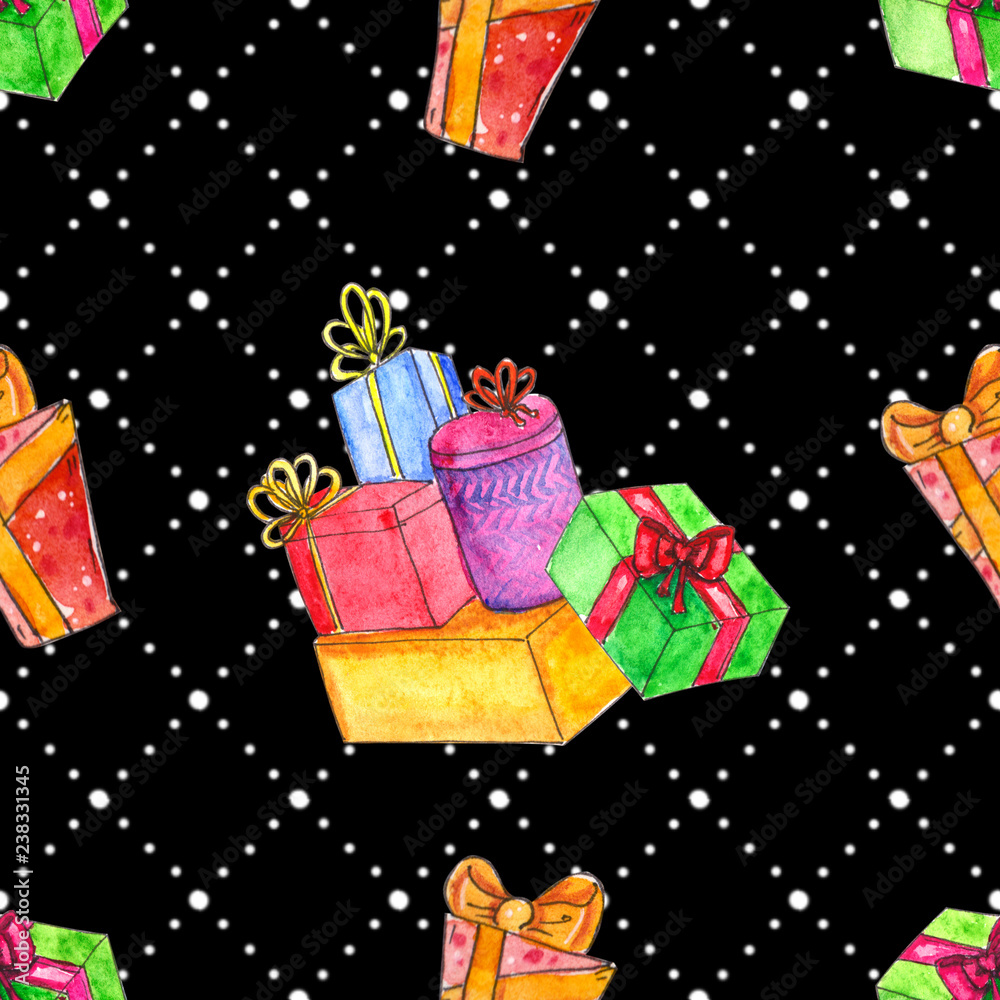 Watercolor Christmas seamless pattern with presents. Watercolor Christmas seamless pattern with presents.