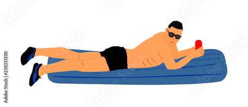 Young man floating on a mattress vector illustration. Sunbathing on beach. Handsome man with air pool mattress. Sunny summer day. Enjoy by sea. Water sport activity. Relaxing and drinking fresh drink.