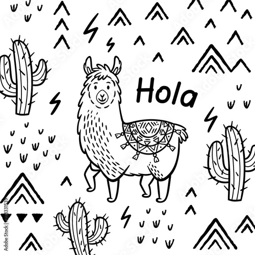 Hola card. Ink cartoon llama vector print