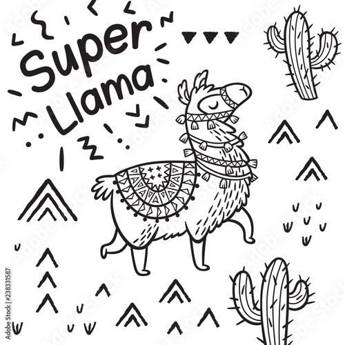 Super llama. Ink cartoon llama vector print