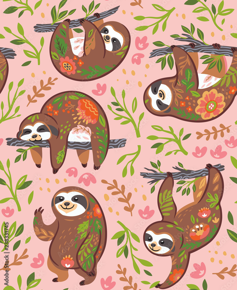 Cute sloths with floral ornament in the jungle. Vector seamless pattern Cute sloths with floral ornament in the jungle. Vector seamless pattern