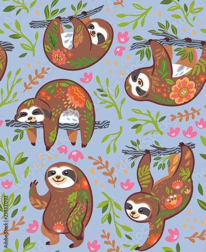 Seamless pattern with cute sloths with floral ornament in the jungle. Vector illustration