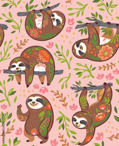 Cute sloths with floral ornament in the jungle. Vector seamless pattern