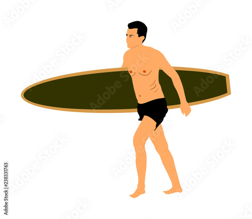 Surfer boy with board in hand vector illustration isolated on white background. Handsome lifeguard man walking with a surf board across the sea shore. Beach boy sport activity.