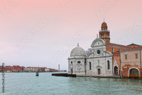 San Michele church on island of San Michele in Venice. Famous venetian cemetery. Italy, Europe.