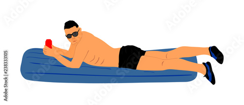 Young man floating on a mattress vector illustration. Sunbathing on beach. Handsome man with air pool mattress. Sunny summer day. Enjoy by sea. Water sport activity. Relaxing and drinking fresh drink.