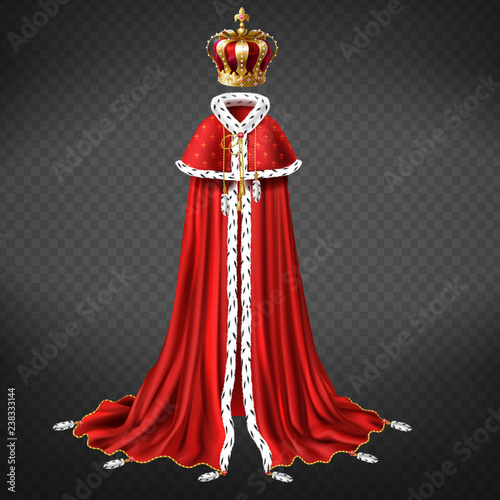 Royal garment 3d realistic vector with king or emperor golden crown decorated precious stones, red cape and royal mantle with ermine fur illustration isolated on transparent background. Monarch cloth