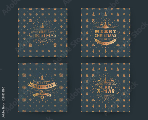 Merry Christmas and Happy New Year. Retro design on seamless background. Set of vector backgrounds for wrapping paper or greeting card