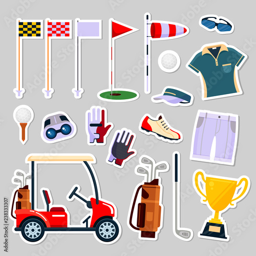 Set of patch badges golf equipment icon logo in flat style. Clothes and accessories for golfing, sport game, vector illustration