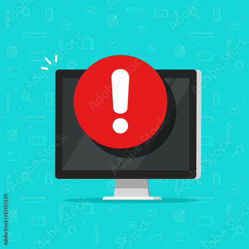 Computer with alarm notice or alert sign vector icon, flat pc display with exclamation sign, concept of danger or risk message content, error notification, malware attack, attention notification