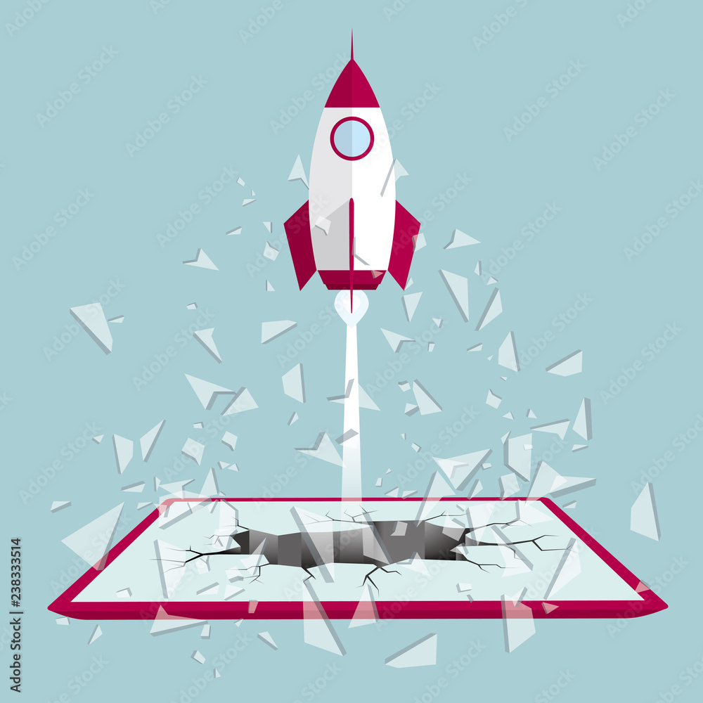 Rocket launch from tablet.Isolated on blue background. Rocket launch from tablet.Isolated on blue background.