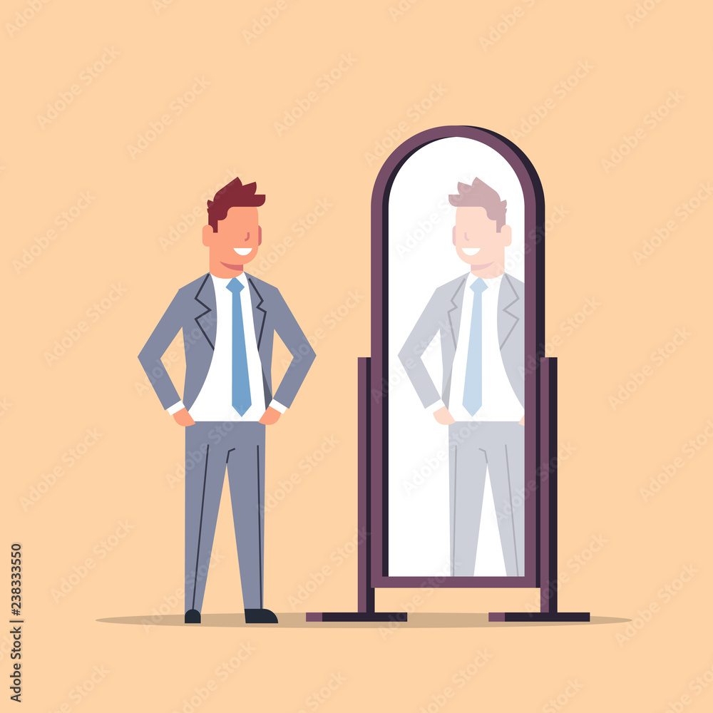 businessman trying on new business suit elegant man looking at mirror male cartoon character full length flat businessman trying on new business suit elegant man looking at mirror male cartoon character full length flat