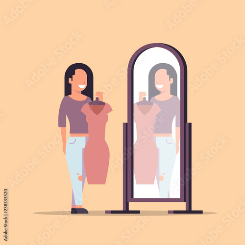 brunette woman trying on new dress elegant lady looking at mirror fashion shop female cartoon character full length flat