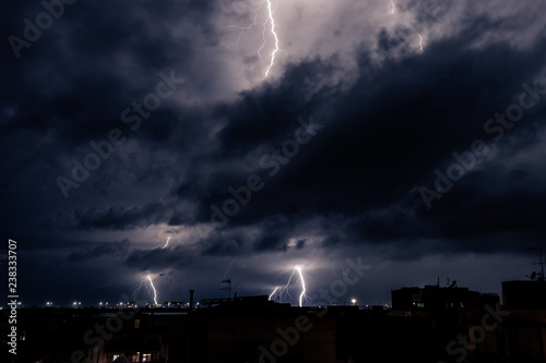 Electric storm in Sardinia Cagliari Capoterra during October 2018 with bolts photo