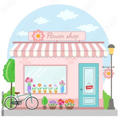 Flower shop building facade with bicycle. Vector illustration