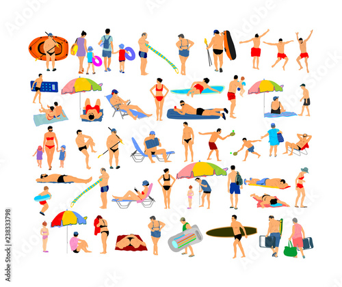 Sunny day on beach activity vector illustration over 50 people characters(boy,girl,man,woman,swimmer,parent, tourist, mother,father,) Water sport. Happy seniors active life. Skin care protection.