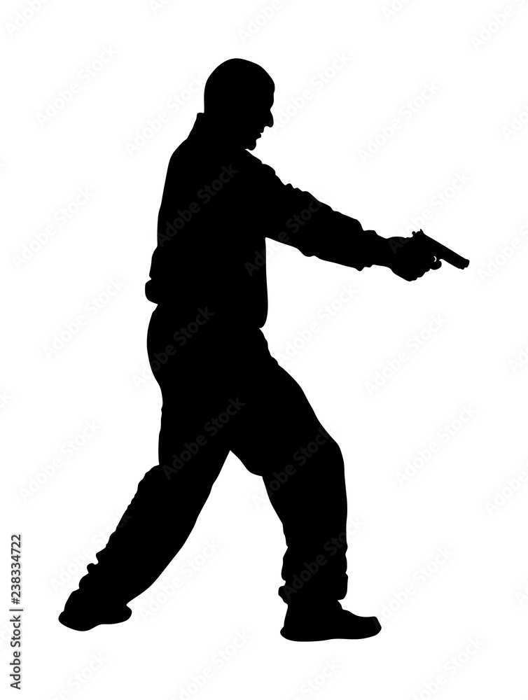Public crime scene, gunfight battle. Man with gun shooting vector