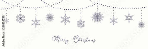 Christmas background with garlands and hanging snowflakes, typography, on white. Vector illustration. Flat style design. Concept for winter holiday banner, greeting card, decorative element.