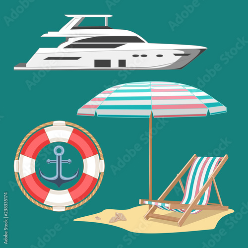 Set of vector images. Yacht, lifebuoy, chaise longue, shells, anchor.