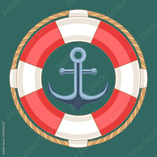 Vector image of a lifebuoy and anchor on a blue background.