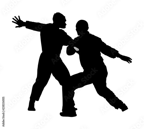 Self defense battle vector silhouette illustration. Man fighting against aggressor with gun or pistol. Krav maga demonstration in real situation. Combat for life against terrorist. Army skill action.