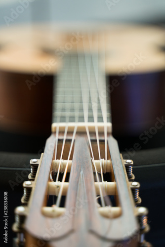 Close up of a classical guitar.