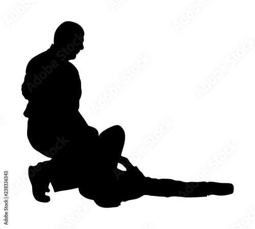 Self defense battle vector silhouette. Man fighting against aggressor with gun pistol. Krav maga demonstration real situation. Combat for life against terrorist. Army skill action. Policeman arrest.