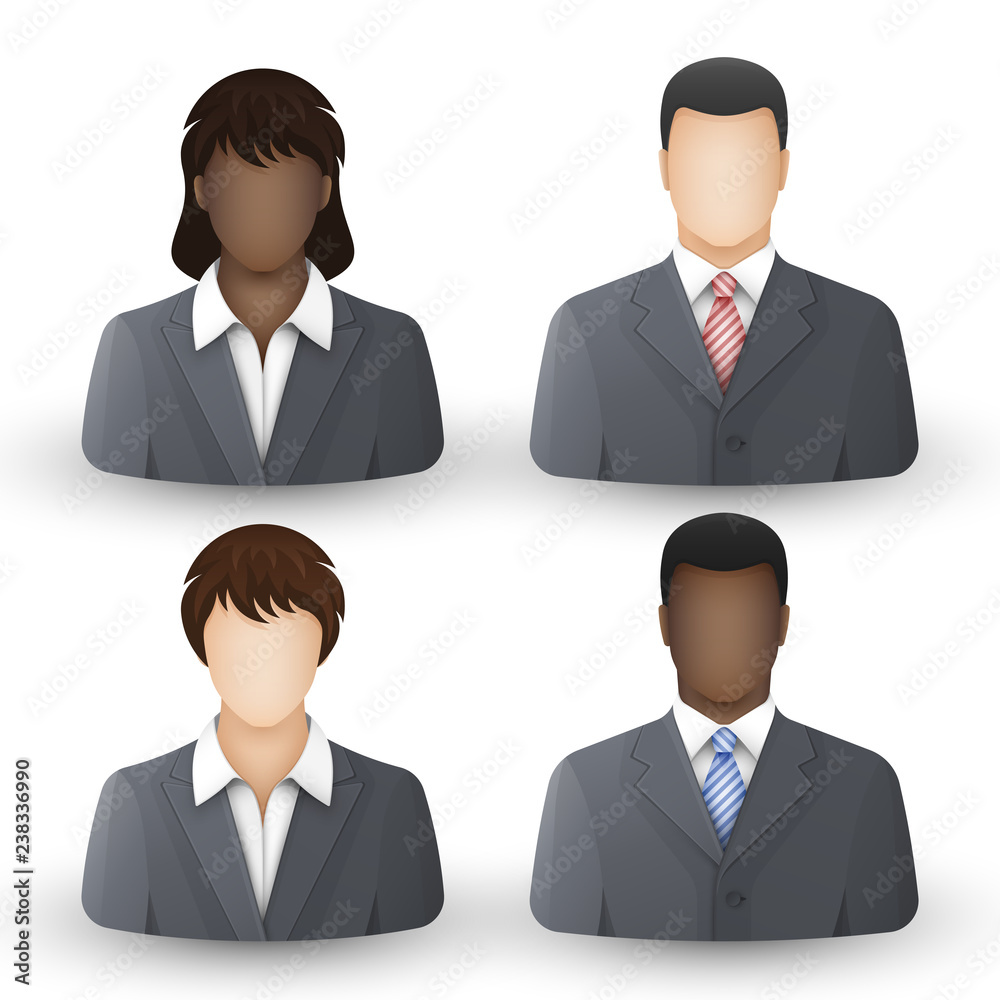 Business people icons. Team or group of men and women in business suits and white shirts. Vector illustration on white background Business people icons. Team or group of men and women in business suits and white shirts. Vector illustration on white background