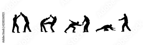 Self defense battle vector silhouette illustration. Man fighting against aggressor with gun or pistol. Krav maga demonstration in real situation. Combat for life against terrorist. Army skill action.
