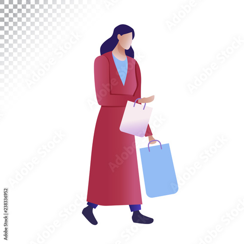 Modern woman flat illustration. The woman carries shopping bags. Vector illustration on a transparent background.
