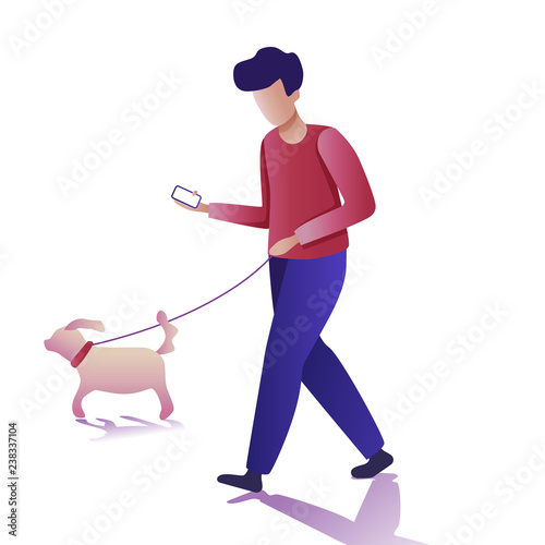 Modern young man flat icons. Young man walking a dog and communicating via smartphone. Vector illustration on a transparent background.