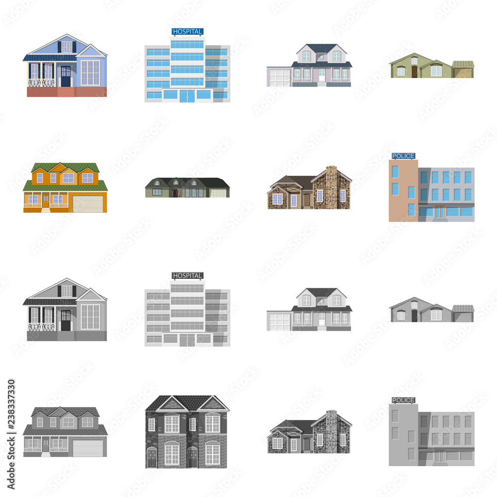 Fototapeta premium Vector illustration of building and front symbol. Collection of building and roof stock vector illustration.