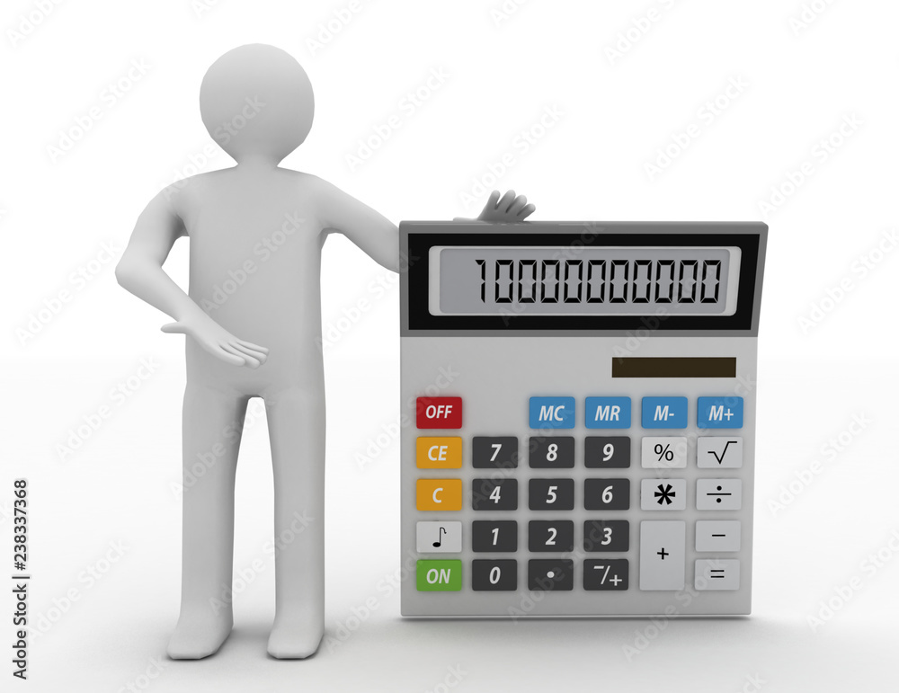 The 3D man and a calculator on white background The 3D man and a calculator on white background