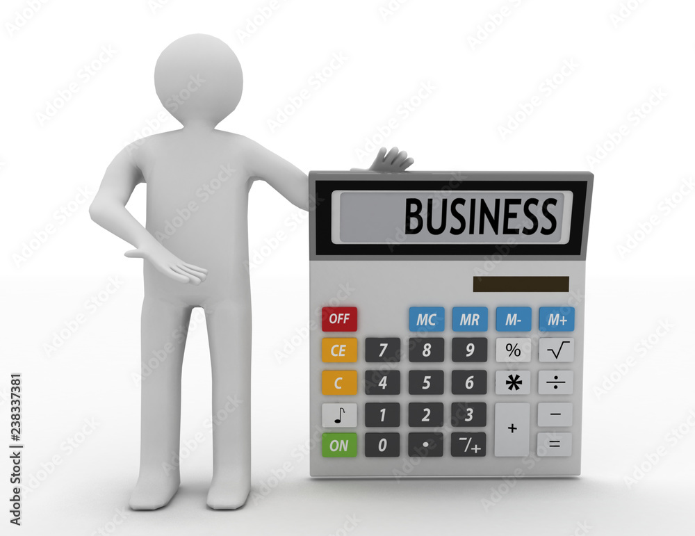 The 3D man and a calculator on white background The 3D man and a calculator on white background