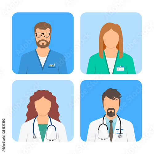 Doctor and nurse avatars icon set.