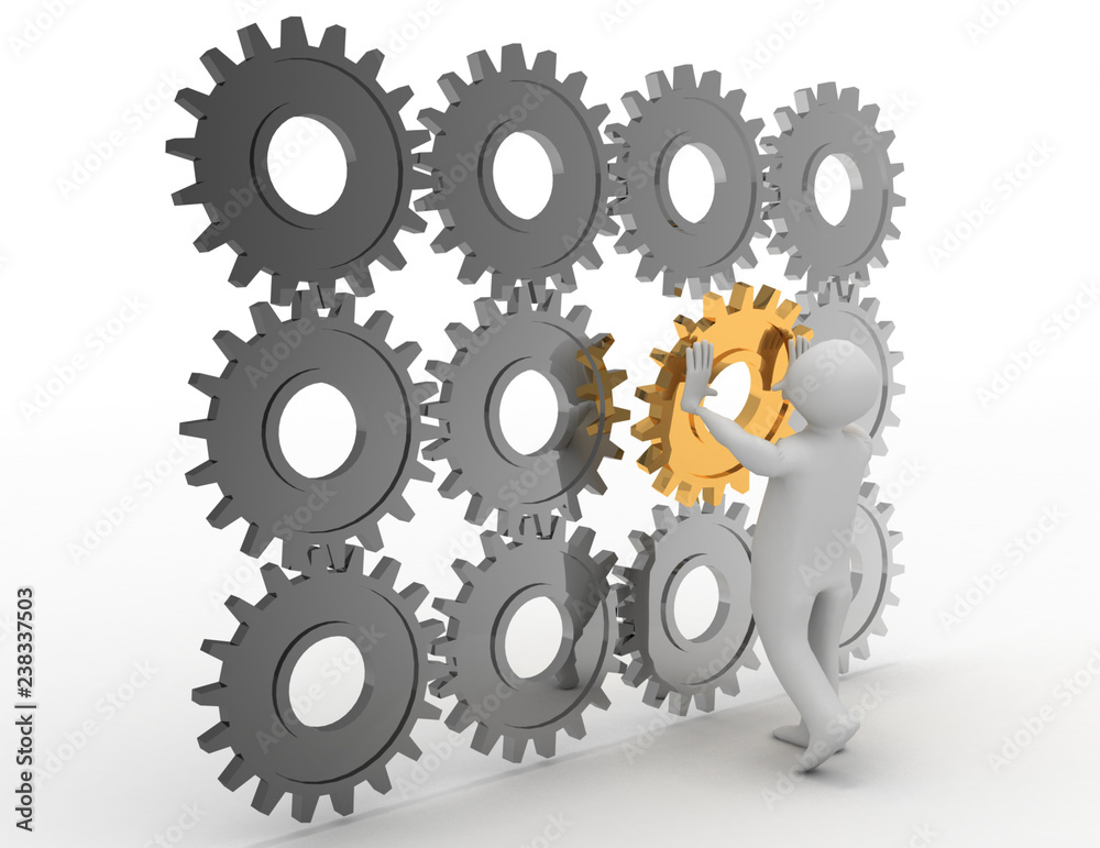 3d person is putting the special part of an engine of cogs 3d person is putting the special part of an engine of cogs